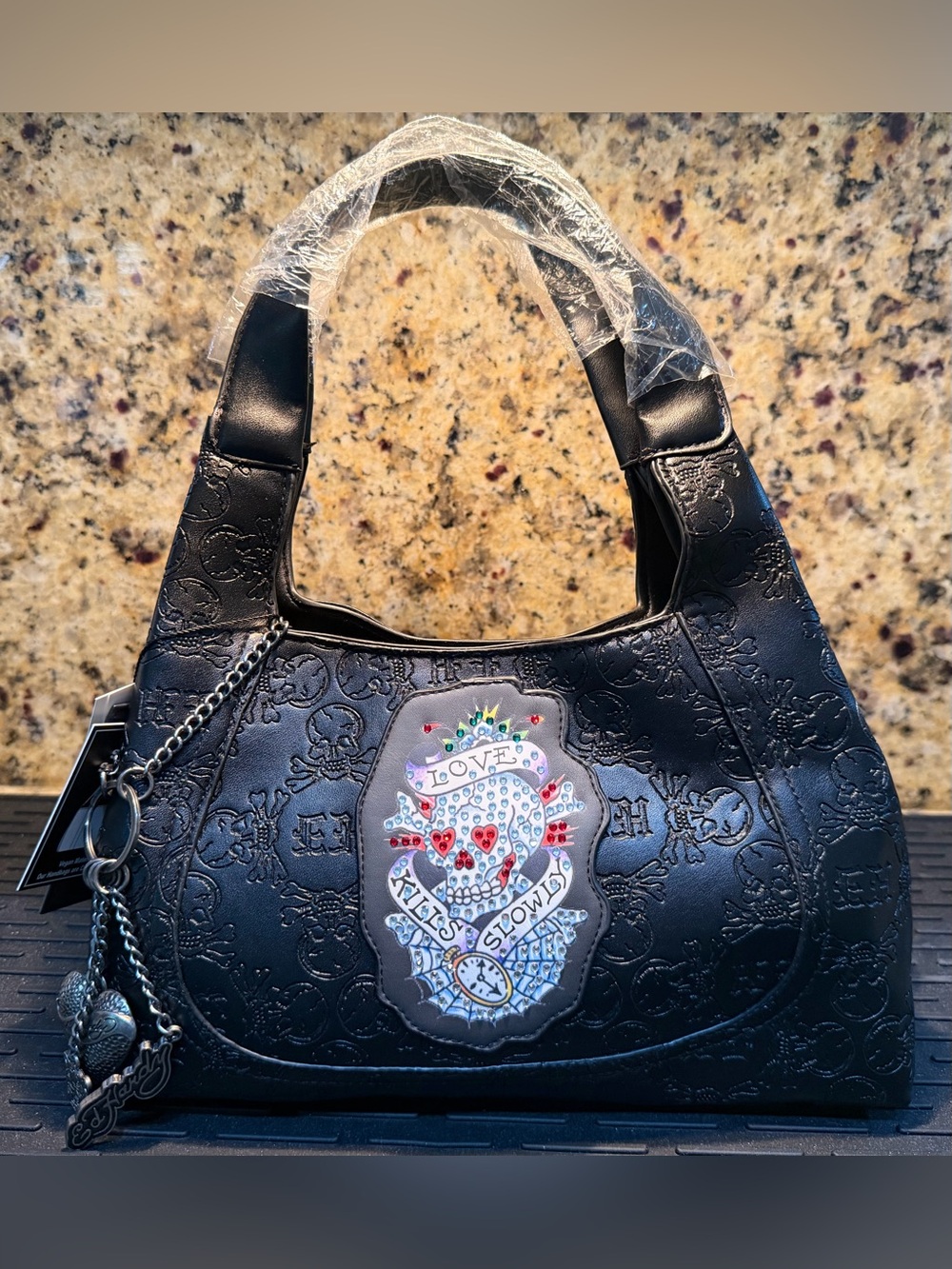 NWT Ed Hardy Love Kills Slowly Black Embossed Hobo Shoulder Bag Purse Skull